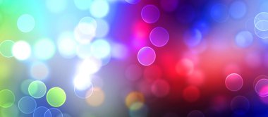 Kavramsal ışıklar duvar kağıdı. Güzel soyut çok renkli bokeh çemberleri parçacıklarla çevrili. Metninizi veya başlığınızı göstermek için boşluk ile odaklanmış olmayan canlı illüstrasyon. 