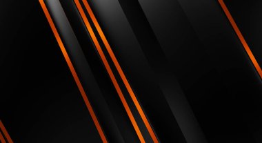 Metin için kopyalama alanı olan soyut siyah paneller. Üç boyutlu illüstrasyon. Renkli ışık özellikli koyu renk tasarım şablonu. Zarif geometrik parlak çizgili arka plan. Minimalist geometrik kapak grafiği.