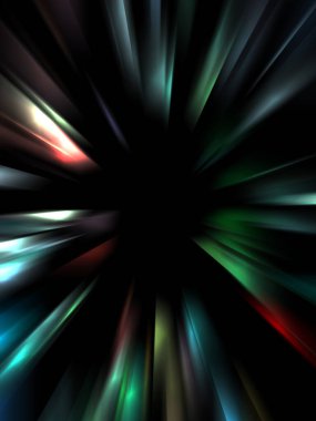 Siyah arkaplanda izole edilmiş dinamik ışık ışınları. Parlayan renkli ışık parçacıklarının grafiksel 2d çizimi.