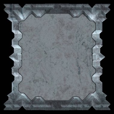 Gelecekçi tasarım şablonu. Metal paslı tabak menüsü. Teknoloji afişi beyaz arkaplanda izole edildi. Bilim kurgu elemanı grafiği. Metalik paslanmış 3 boyutlu illüstrasyon.  