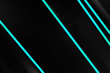 Metin için kopyalama alanı olan soyut siyah paneller. Üç boyutlu illüstrasyon. Renkli ışık özellikli koyu renk tasarım şablonu. Zarif geometrik parlak çizgili arka plan. Minimalist geometrik kapak grafiği.