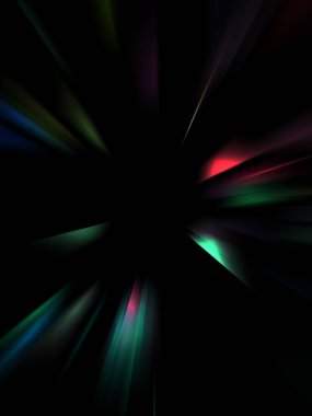 Siyah arkaplanda izole edilmiş dinamik ışık ışınları. Parlayan renkli ışık parçacıklarının grafiksel 2d çizimi.