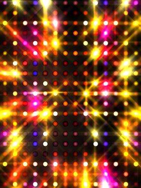Parlayan ışıklar siyah arka planda parti izleri. Sahne veya stadyum ışıklarının dijital illüstrasyonu. Parlak desenli duvar kağıdı. Sahne ışıkları ile renkli ışıkların ihtişamlı arkaplanı.