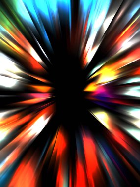 Siyah arkaplanda izole edilmiş dinamik ışık ışınları. Parlayan renkli ışık parçacıklarının grafiksel 2d çizimi.