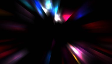 Siyah arkaplanda izole edilmiş dinamik ışık ışınları. Parlayan renkli ışık parçacıklarının grafiksel 2d çizimi.