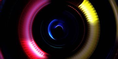 Fotoğraf makinesi konsepti. Soyut arkaplan. Dönen ışık ışınları. Hareketli kavramsal duvar kağıdı. Grafik dijital illüstrasyon. Parlayan neon ışıkları. Parlak sunum tasarım şablonu.