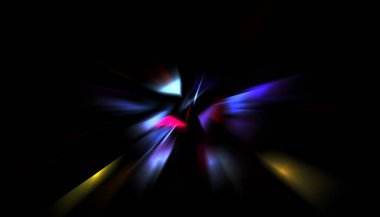 Parlayan ışıkları hareket ettirmenin havalı arka planı. Tasarımınız için canlı renkli bir portal şablonu. Işık ışınları ve hareket halindeki ışıldayan parçacıklar bir solucan deliği şekli oluşturuyor..