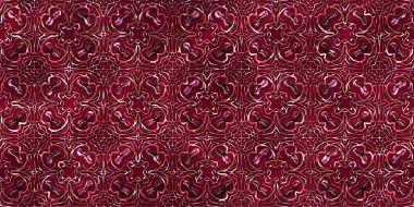 Renkli kumaş arka planında moda tarzında gümüş örgü süsü olan lüks, kusursuz bir şablon. Duvar kağıtları ve tekstil baskısı için tasarım. Lüks, ışıl ışıl metalimsi fantezi dokusu.