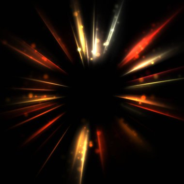 Işık huzmeleri ve parlayan parçacıkların kesiştiği güzel bir zemin. Canlı renkli ışıkların duvar kâğıdı. Parlak ışık görüntüsü.