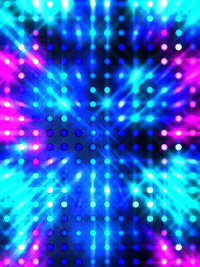 Parlayan ışıklar siyah arka planda parti izleri. Sahne veya stadyum ışıklarının dijital illüstrasyonu. Parlak desenli duvar kağıdı. Sahne ışıkları ile renkli ışıkların ihtişamlı arkaplanı.