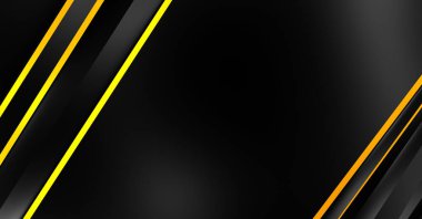 Metin için kopyalama alanı olan soyut siyah paneller. Üç boyutlu illüstrasyon. Renkli ışık özellikli koyu renk tasarım şablonu. Zarif geometrik parlak çizgili arka plan. Minimalist geometrik kapak grafiği.