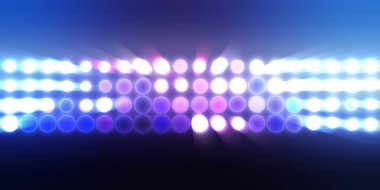 Parlak desenli duvar kağıdı. Sahne ışıkları olan renkli ışıkların ihtişamlı arkaplanı. Parlayan ışıklar siyah arka planda parti izleri. Sahne veya stadyum ışıklarının dijital illüstrasyonu. 