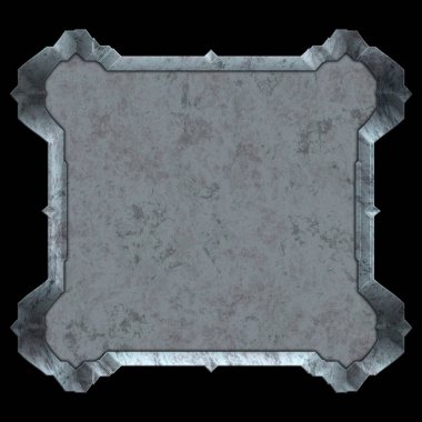 Gelecekçi tasarım şablonu. Metal paslı tabak menüsü. Teknoloji afişi beyaz arkaplanda izole edildi. Bilim kurgu elemanı grafiği. Metalik paslanmış 3 boyutlu illüstrasyon.  