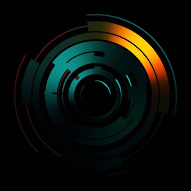 Gelecekçi hud arayüzü elementi. Soyut geometrik arkaplan. Dijital teknolojinin grafiksel çizimi siyah arkaplanda izole edildi..