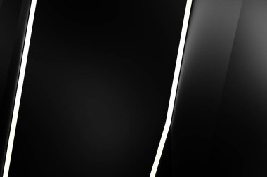 Metin için kopyalama alanı olan soyut siyah paneller. Üç boyutlu illüstrasyon. Renkli ışık özellikli koyu renk tasarım şablonu. Zarif geometrik parlak çizgili arka plan. Minimalist geometrik kapak grafiği.