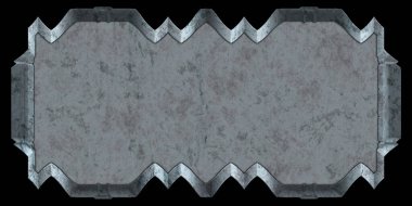 Gelecekçi tasarım şablonu. Metal paslı tabak menüsü. Teknoloji afişi beyaz arkaplanda izole edildi. Bilim kurgu elemanı grafiği. Metalik paslanmış 3 boyutlu illüstrasyon.  