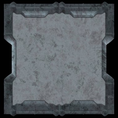 Gelecekçi tasarım şablonu. Metal paslı tabak menüsü. Teknoloji afişi beyaz arkaplanda izole edildi. Bilim kurgu elemanı grafiği. Metalik paslanmış 3 boyutlu illüstrasyon.  