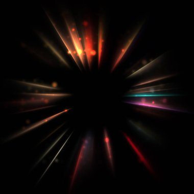 Işık huzmeleri ve parlayan parçacıkların kesiştiği güzel bir zemin. Canlı renkli ışıkların duvar kâğıdı. Parlak ışık görüntüsü.