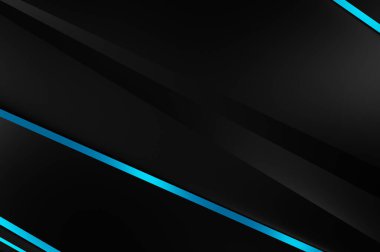 Metin için kopyalama alanı olan soyut siyah paneller. Üç boyutlu illüstrasyon. Renkli ışık özellikli koyu renk tasarım şablonu. Zarif geometrik parlak çizgili arka plan. Minimalist geometrik kapak grafiği.