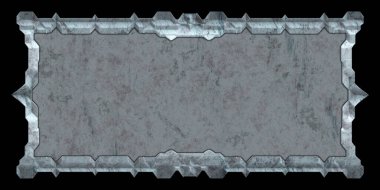 Gelecekçi tasarım şablonu. Metal paslı tabak menüsü. Teknoloji afişi beyaz arkaplanda izole edildi. Bilim kurgu elemanı grafiği. Metalik paslanmış 3 boyutlu illüstrasyon.  