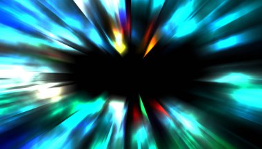 Siyah arkaplanda izole edilmiş dinamik ışık ışınları. Parlayan renkli ışık parçacıklarının grafiksel 2d çizimi.