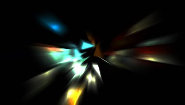 Parlayan ışıkları hareket ettirmenin havalı arka planı. Tasarımınız için canlı renkli bir portal şablonu. Işık ışınları ve hareket halindeki ışıldayan parçacıklar bir solucan deliği şekli oluşturuyor..