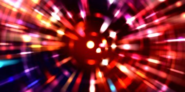 Parlayan ışıkları hareket ettirmenin havalı arka planı. Tasarımınız için canlı renkli bir portal şablonu. Işık ışınları ve hareket halindeki ışıldayan parçacıklar bir solucan deliği şekli oluşturuyor..