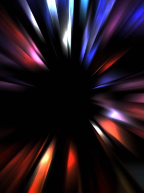 Siyah arkaplanda izole edilmiş dinamik ışık ışınları. Parlayan renkli ışık parçacıklarının grafiksel 2d çizimi.