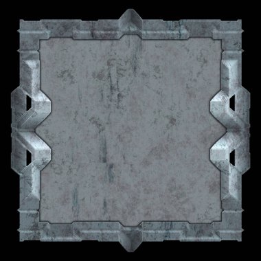 Gelecekçi tasarım şablonu. Metal paslı tabak menüsü. Teknoloji afişi beyaz arkaplanda izole edildi. Bilim kurgu elemanı grafiği. Metalik paslanmış 3 boyutlu illüstrasyon.  