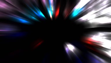 Siyah arkaplanda izole edilmiş dinamik ışık ışınları. Parlayan renkli ışık parçacıklarının grafiksel 2d çizimi.