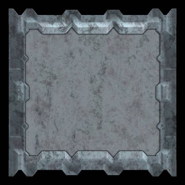 Gelecekçi tasarım şablonu. Metal paslı tabak menüsü. Teknoloji afişi beyaz arkaplanda izole edildi. Bilim kurgu elemanı grafiği. Metalik paslanmış 3 boyutlu illüstrasyon.  