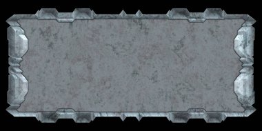 Gelecekçi tasarım şablonu. Metal paslı tabak menüsü. Teknoloji afişi beyaz arkaplanda izole edildi. Bilim kurgu elemanı grafiği. Metalik paslanmış 3 boyutlu illüstrasyon.  