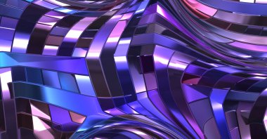 Metalik panel dokusunun 3 boyutlu çizimi. Renkli, parlak, soyut duvar kağıdı. Geometrik teknolojik parlak yansıtıcı arka plan. Yaratıcı parlak kavramsal arkaplan.