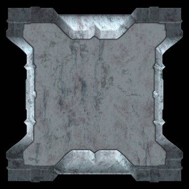 Gelecekçi tasarım şablonu. Metal paslı tabak menüsü. Teknoloji afişi beyaz arkaplanda izole edildi. Bilim kurgu elemanı grafiği. Metalik paslanmış 3 boyutlu illüstrasyon.  