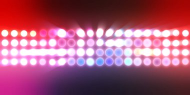 Parlak desenli duvar kağıdı. Sahne ışıkları olan renkli ışıkların ihtişamlı arkaplanı. Parlayan ışıklar siyah arka planda parti izleri. Sahne veya stadyum ışıklarının dijital illüstrasyonu. 