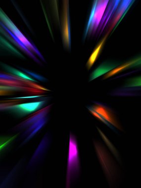 Siyah arkaplanda izole edilmiş dinamik ışık ışınları. Parlayan renkli ışık parçacıklarının grafiksel 2d çizimi.