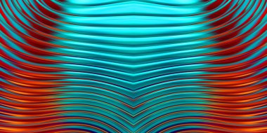 Renkli dalgalı yansıtıcı duvar kağıdının üç boyutlu çizimi. Duvar kağıdı, afiş, arkaplan, kart, kitap kapağı veya web sitesi için grafiksel illüstrasyon. Soyut parlak arkaplan.