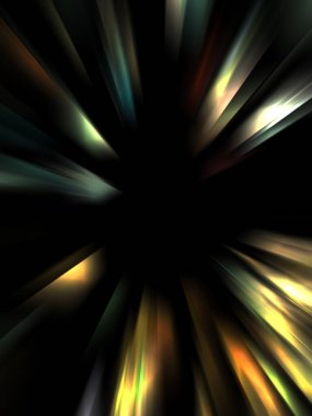 Siyah arkaplanda izole edilmiş dinamik ışık ışınları. Parlayan renkli ışık parçacıklarının grafiksel 2d çizimi.