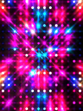 Parlayan ışıklar siyah arka planda parti izleri. Sahne veya stadyum ışıklarının dijital illüstrasyonu. Parlak desenli duvar kağıdı. Sahne ışıkları ile renkli ışıkların ihtişamlı arkaplanı.