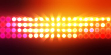 Parlak desenli duvar kağıdı. Sahne ışıkları olan renkli ışıkların ihtişamlı arkaplanı. Parlayan ışıklar siyah arka planda parti izleri. Sahne veya stadyum ışıklarının dijital illüstrasyonu. 