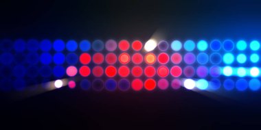 Parlak desenli duvar kağıdı. Sahne ışıkları olan renkli ışıkların ihtişamlı arkaplanı. Parlayan ışıklar siyah arka planda parti izleri. Sahne veya stadyum ışıklarının dijital illüstrasyonu. 