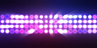 Parlak desenli duvar kağıdı. Sahne ışıkları olan renkli ışıkların ihtişamlı arkaplanı. Parlayan ışıklar siyah arka planda parti izleri. Sahne veya stadyum ışıklarının dijital illüstrasyonu. 