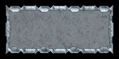 Gelecekçi tasarım şablonu. Metal paslı tabak menüsü. Teknoloji afişi beyaz arkaplanda izole edildi. Bilim kurgu elemanı grafiği. Metalik paslanmış 3 boyutlu illüstrasyon.  