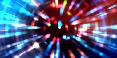 Parlayan ışıkları hareket ettirmenin havalı arka planı. Tasarımınız için canlı renkli bir portal şablonu. Işık ışınları ve hareket halindeki ışıldayan parçacıklar bir solucan deliği şekli oluşturuyor..