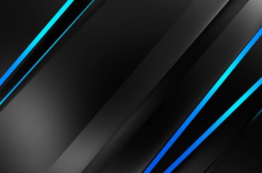 Metin için kopyalama alanı olan soyut siyah paneller. Üç boyutlu illüstrasyon. Renkli ışık özellikli koyu renk tasarım şablonu. Zarif geometrik parlak çizgili arka plan. Minimalist geometrik kapak grafiği.