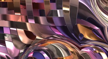 Metalik panel dokusunun 3 boyutlu çizimi. Renkli, parlak, soyut duvar kağıdı. Geometrik teknolojik parlak yansıtıcı arka plan. Yaratıcı parlak kavramsal arkaplan.