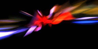 Güzel canlı renklerle enerji patlaması. Siyah arkaplanda izole edilmiş dinamik ışık ışınları. Parlayan renkli ışık parçacıklarının grafiksel 2D çizimi. Parlak tasarım şablonu.