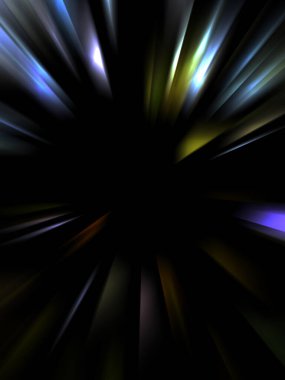 Siyah arkaplanda izole edilmiş dinamik ışık ışınları. Parlayan renkli ışık parçacıklarının grafiksel 2d çizimi.