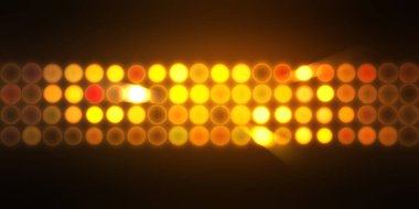 Parlak desenli duvar kağıdı. Sahne ışıkları olan renkli ışıkların ihtişamlı arkaplanı. Parlayan ışıklar siyah arka planda parti izleri. Sahne veya stadyum ışıklarının dijital illüstrasyonu. 