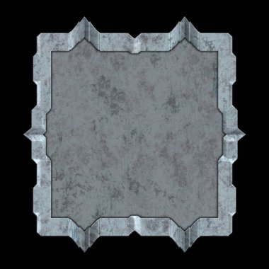 Gelecekçi tasarım şablonu. Metal paslı tabak menüsü. Teknoloji afişi beyaz arkaplanda izole edildi. Bilim kurgu elemanı grafiği. Metalik paslanmış 3 boyutlu illüstrasyon.  